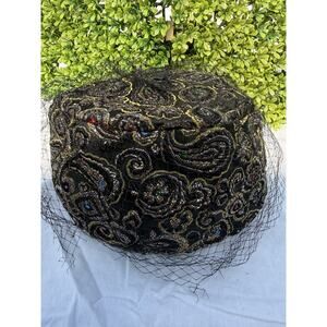 Vintage Hat Black Gold Silver Lace One Size Union Made Net Women Head Piece